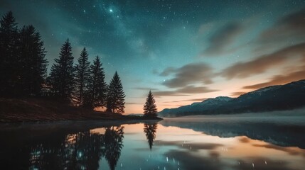 Poster - Tranquil Mountain Lake Reflection at Dusk with Sparkling Night Sky