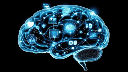 Poster - Glowing digital brain with network connections and AI-related symbols in a tech-inspired design.