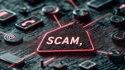 Poster - Dark Conceptual Digital Art Representing Online Scam Warning with Icon Elements and Bold Text