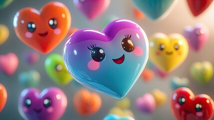 Fototapete - Multicolored cartoon hearts, each with cute faces, floating on a muted gray background, leaving text room.