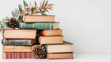 Poster - Cozy Autumn Books Stack with Pine Cone Accents on Wooden Table