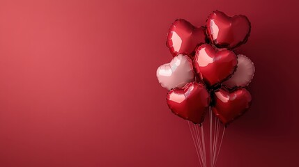 Wall Mural - Romantic Heart-Shaped Balloons Against a Red Background Perfect for Valentine's Day Celebrations and Events, Creating a Love-Filled Atmosphere