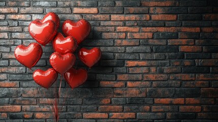 Wall Mural - Romantic Red Heart-Shaped Balloons Against a Rustic Brick Wall Background for Valentine's Day Celebration