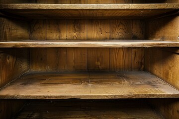 Close up of empty wooden shelves inside a rustic cupboard, highlighting the natural grain and texture of the wood