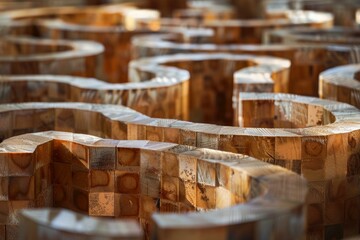 Poster - Intricate wooden structures creating a mesmerizing labyrinth design, showcasing craftsmanship and artistic vision
