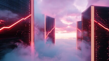 Poster - Futuristic Digital Cityscape with Glowing Skyscrapers and Neon Illumination at Dramatic Sunset