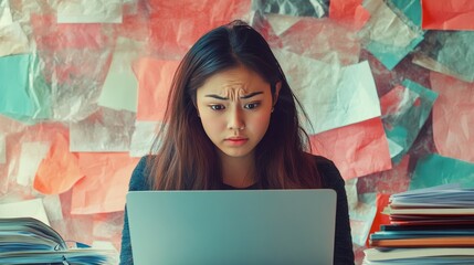 Poster - Young woman studying with a laptop, surrounded by notes and books, expressing frustration and pressure.