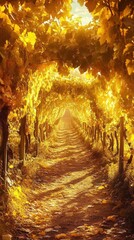Poster - Golden light illuminates a peaceful vineyard pathway surrounded by autumn foliage