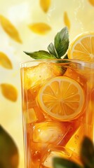 Poster - Refreshing glass of iced tea with lemon and mint leaves set against a bright background