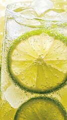 Poster - Refreshing close-up of a glass filled with fizzy drink and lime slices on a sunny day