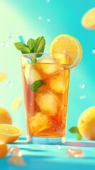 Poster - Refreshing close-up of a glass of iced tea with lemon and mint on a bright summer day