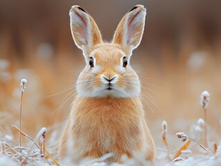 Wall Mural - a charming orange rabbit stands amidst frosted vegetation in a soft, blurred background