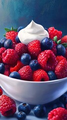 Aufkleber - Close-up view of a vibrant bowl filled with fresh raspberries and blueberries topped with whipped cream on a colorful background
