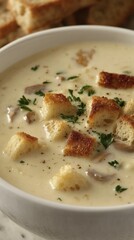 Poster - Creamy soup garnished with croutons in a rustic setting, inviting warmth and comfort