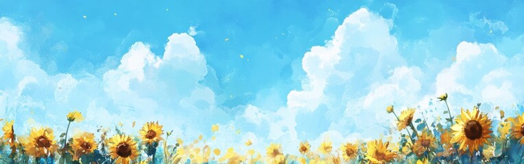 Poster - Bright sunflowers bloom under a clear blue sky with soft clouds during a sunny summer day in a vibrant field