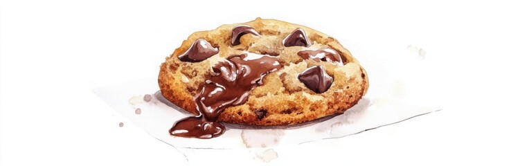 Poster - Close-up of a freshly baked chocolate chip cookie with melting chocolate on a watercolor background