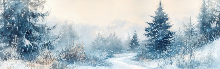 Poster - Tranquil winter landscape painted in watercolor with snow-covered trees and a winding path through a serene forest
