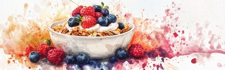 Poster - Close-up of a colorful bowl of granola topped with fresh berries on a vibrant watercolor background