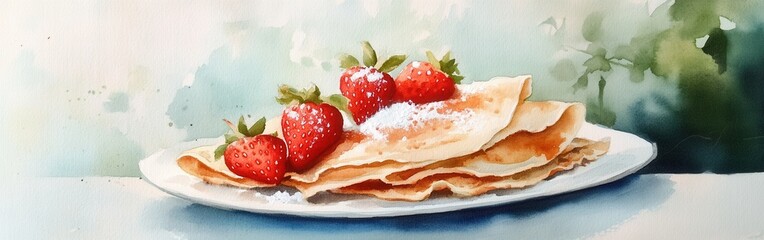 Aufkleber - Delicious homemade crepes with fresh strawberries and powdered sugar on a plate