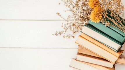 Poster - Cozy Academic Still Life with Books and Autumn Floral Bouquet