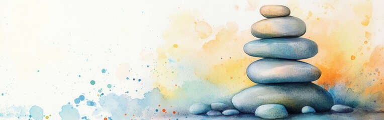 Aufkleber - Close-up of a serene stack of stones on a watercolor background featuring soft hues and gentle splashes of color