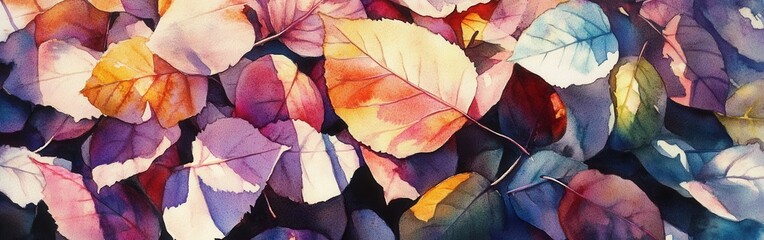 Poster - Close-up view of beautifully painted watercolor leaves showcasing vibrant autumn colors and intricate details in nature’s design