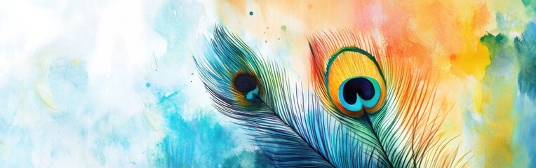 Aufkleber - Beautiful close-up of peacock feathers against a vibrant watercolor background showcasing shades of blue and orange