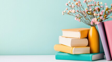 Poster - Stacked Books and Floral Accents on a Pastel Colored Desk