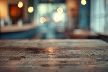 Poster - Wooden table providing ideal space for product placement in a blurred restaurant setting, illuminated by warm bokeh lights