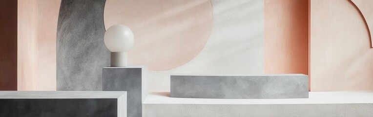 Poster - Soft peach and gray geometric forms dissolve into abstract harmony in a contemporary setting