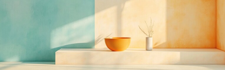 Poster - Soft pastel amber and teal forms create a serene and inviting atmosphere in a minimalist interior setting