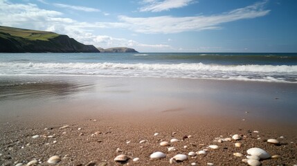 Poster - Tranquil beach with gentle waves under a clear sky and serene landscape