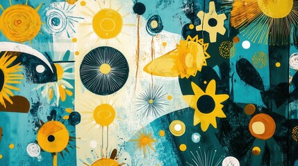Fototapete - Playful spring composition featuring turquoise elements and vibrant yellow floral designs in a cheerful arrangement