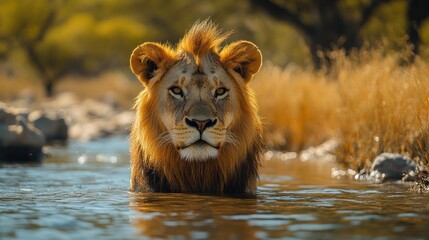 Wall Mural - Lion in Water Portrait Golden Hour African Wildlife Animal Mammal Nature Scene