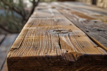 Poster - Wooden table surface with visible knots and wood grain, illuminated by natural sunlight, creating a rustic and textured background