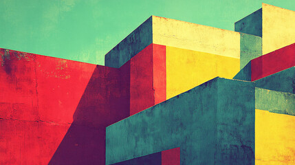 Poster - Colorful wall with various patterns against a bright blue sky background in a vibrant urban setting