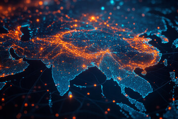 Poster - Digital map of Asia with glowing connections and highlights
