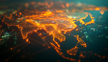 Poster - glowing map of Asia with interconnected data points