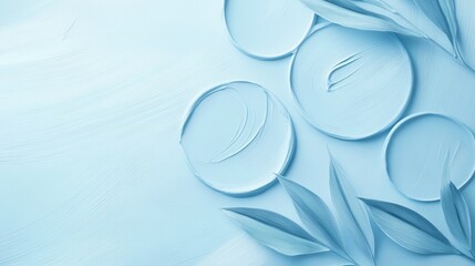 Leinwandbilder - Elegant pastel blue backdrop featuring smooth circular shapes and leafy accents for artistic presentations
