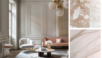 Poster - A mood board for an interior design project, showcasing elegant marble patterns in light pink and white on the walls of a Parisian apartment.