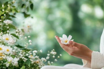 Wall Mural - a close-up of hands in a mudra position during meditation, with a soft focus on the serene backgroun