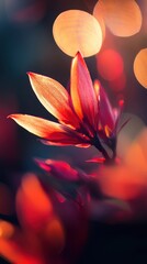 Poster - Fiery crimson bokeh effect highlighting vibrant foliage during twilight