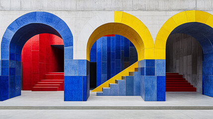 Poster - group of arches under a bright blue sky in an outdoor setting with greenery surrounding them