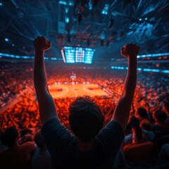 Wall Mural - Back view of enthusiastic fan raising arms in packed stadium, during basketball game under vibrant lighting