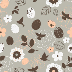 Aufkleber - Seamless pattern with beautiful easter egg, bird, leaf and flower silhouette on brown background. Happy Easter Day floral wallpaper. Dress fabric or wrapping design. Vector stock illustration.