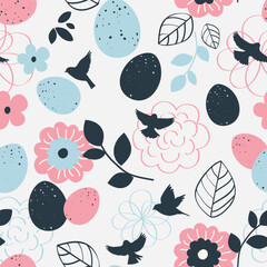 Aufkleber - Seamless pattern with beautiful easter egg, bird and flower blue and pink silhouette on white background. Happy Easter Day floral wallpaper. Dress fabric or wrapping design. Vector stock illustration.