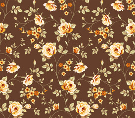 Wall Mural - Seamless floral pattern with beautiful vintage rose and decorative leaf silhouette. Wallpaper with abstract yellow rose flower, green leaf on brown background. Vector stock illustration.