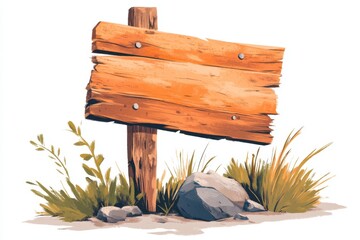 Poster - A flat 2D drawing of a simple wooden yield sign leaning slightly to one side, with visible knots and grain in the wood, on a white background