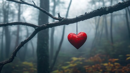Poster - A delicate heart-shaped ornament hanging from a tree branch in a misty forest.