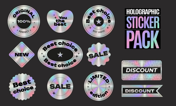 Set of modern holographic sticker, label templates. Shiny rainbow emblem Original, Limited Edition, New, Sale, Best choice. Vector illustration